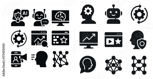 Artificial intelligence solid icons set – filled, technology, machine learning symbols