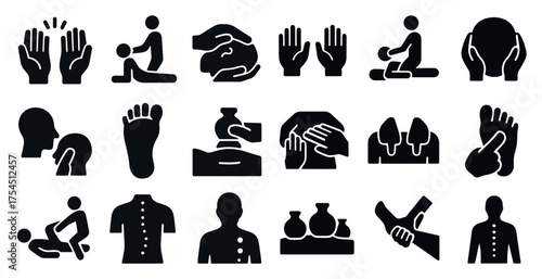 Massage therapy silhouette icons set – solid, spa, relaxation symbols