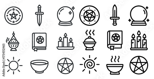 Mystical symbols outline icons set – witchcraft, pagan, magical vector graphics