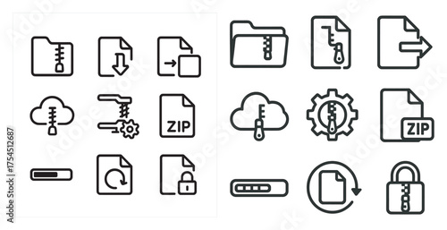 File compression linear icons set – outline, zip, folder management symbols