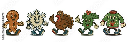 Cute Christmas retro cartoon mascot characters walking together, vintage holiday illustration with gingerbread man, turkey and sweater