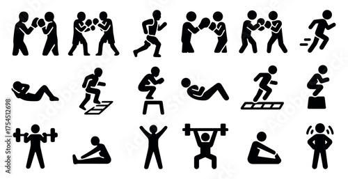 Fitness and exercise solid icons set – filled, silhouette, workout and gym symbols
