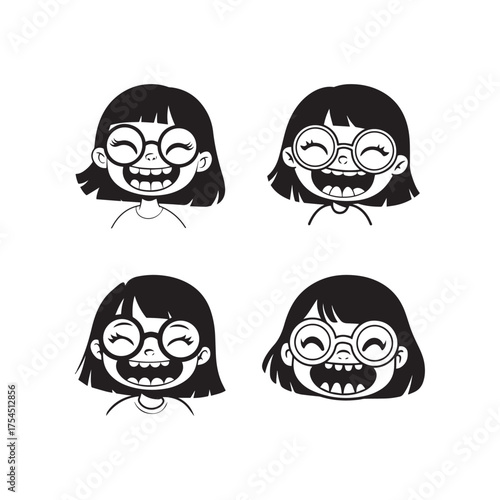 Cute Little Girl Character Expressions, Happy Child Avatar Icon Set