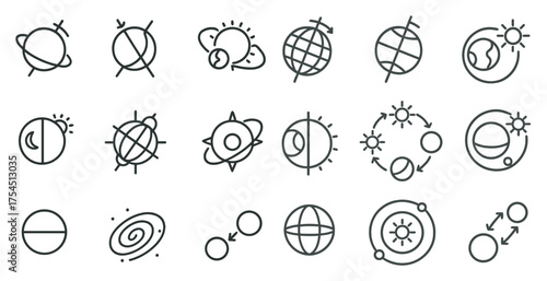Space and astronomy outline icons set – linear, cosmic, celestial symbols