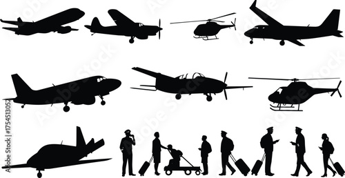 Silhouette vector set of airplanes helicopters and airport travelers, aviation crew and passengers with luggage, transportation and travel illustration elements for flight industry designs
