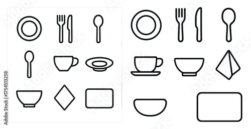 Dining and tableware outline icons set – flat, kitchen, meal preparation visuals
