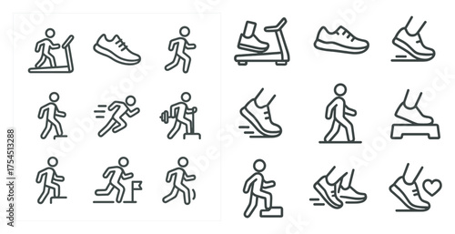Fitness and exercise outline icons set – gym, workout symbols, running illustration