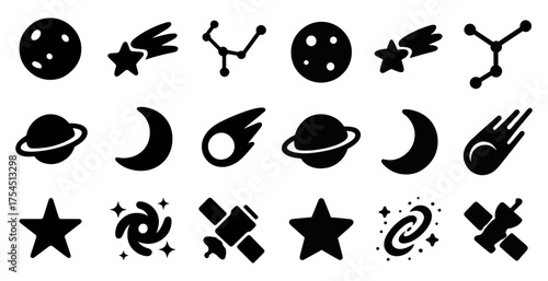 Space exploration solid icons set: astronomy, galaxy, cosmic symbols