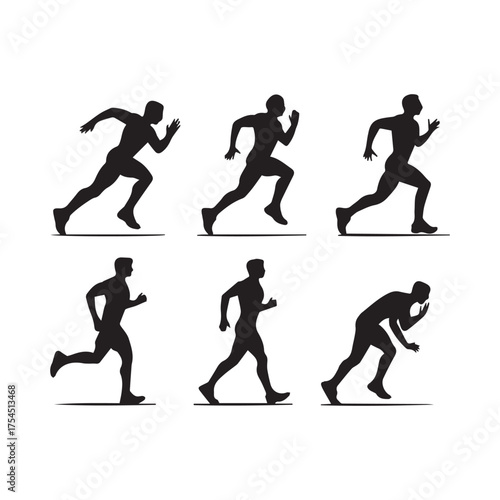 Running Motion Sequence Silhouettes, Athlete Character Animation Sprite Sheet of Male Runner Jogging and Sprinting on White Background