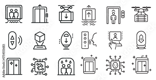Elevator and escalator outline icons set – linear, silhouette, lift and transport designs