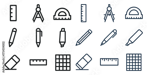 Measurement and drawing icons set - outline, linear, tools and stationery symbols