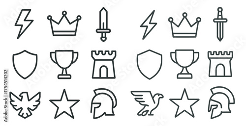 Medieval-themed line icons set – shields, swords, trophies and heraldry symbols