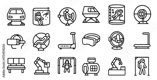 Space exploration outline icons set – linear, astronomy, galactic symbols