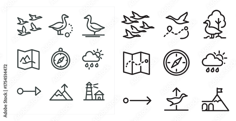 Naklejka premium Nature and navigation outline icons set – silhouette, wildlife, map and travel symbols