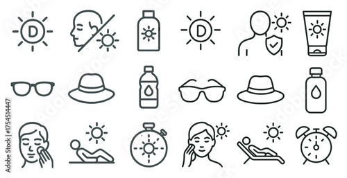 Sun protection outline icons set – skincare, uv safety, summer essentials symbols