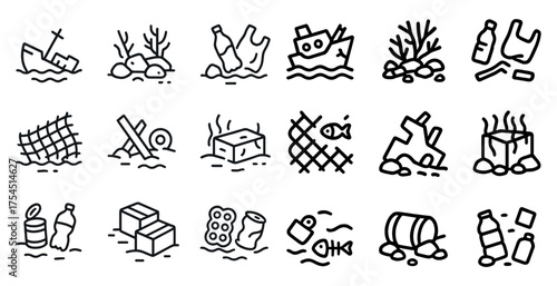 Ocean pollution outline icons set – marine, environment, water sustainability symbols