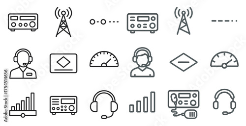 Radio communication line icons set – silhouette, outline, technology and network symbols