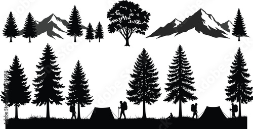 Silhouette vector set of mountains pine trees and camping hikers, outdoor nature landscape illustration with tents forest scenery and wilderness adventure elements