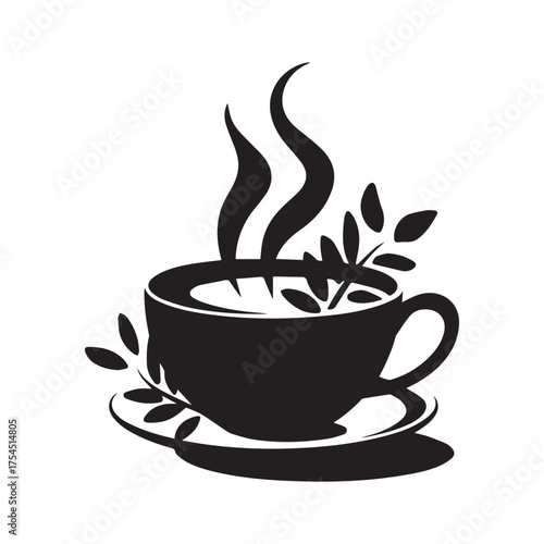Stylized black coffee cup icon with steam and herbal tea leaves