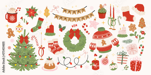 Christmas hand drawn clipart set. Cute Xmas elements in trendy vintage style. Christmas tree, sweater, gift, tree toys, Santa hat, wreath, candy, gingerbread, socks. Vector illustration