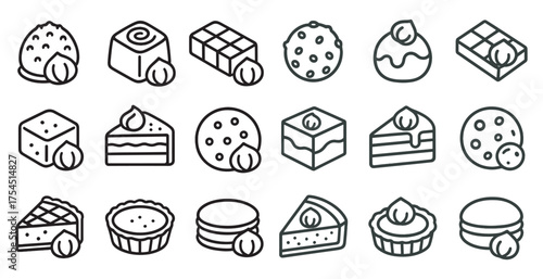Desserts and sweets icons set – outline, linear, pastry and confectionery symbols
