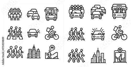Urban transport outline icons set – commuting, public transit, city life symbols