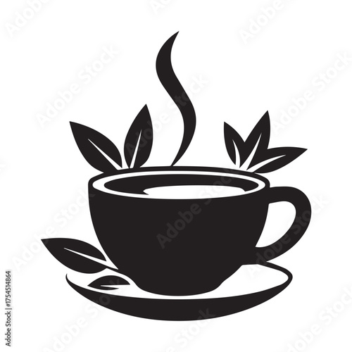 Stylized black coffee cup icon with steam and herbal tea leaves