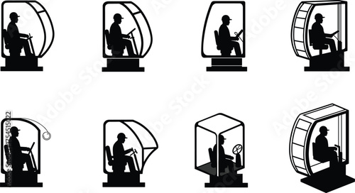 Silhouettes of construction machinery operators seated in enclosed cabins, controlling industrial excavator equipment with joysticks and levers, heavy vehicle cockpit illustration