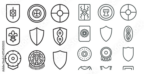 Medieval heraldry icons set – outline, line, coat of arms and crest symbols
