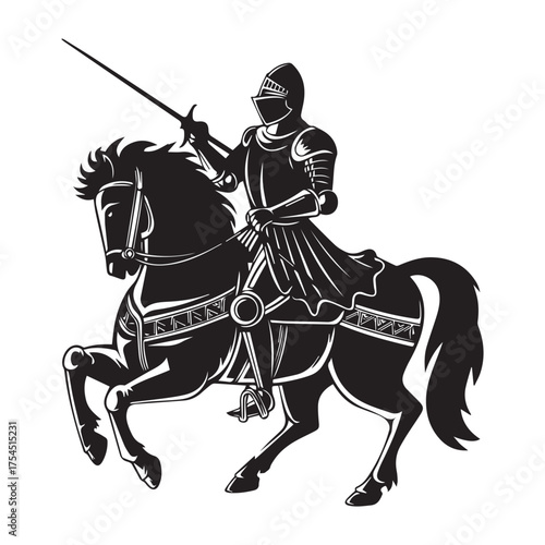 Medieval Knight in Full Armor Riding a Galloping Horse with a Lance