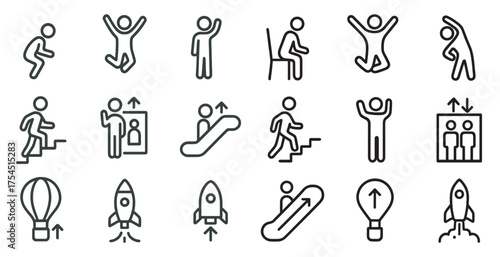 Fitness and exercise outline icons set – linear, health, workout symbols