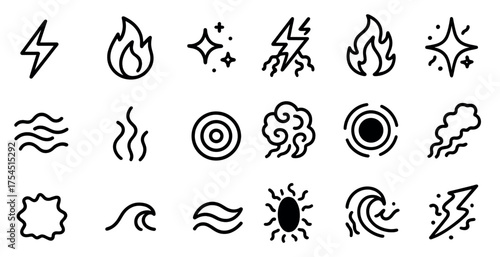 Weather and nature outline icons set – linear, climate, atmospheric symbols