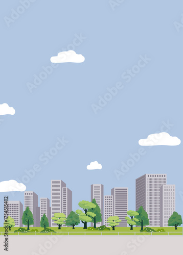 Urban landscape with clouds and trees