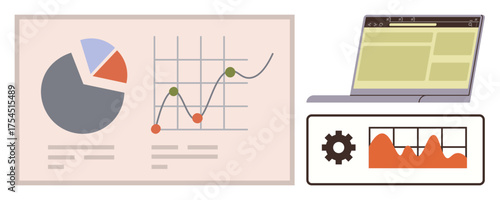 Pie chart, line graph, laptop screen, and gear illustration represent data analysis, growth trends, and business strategy. Ideal for analytics, technology, business finance research education