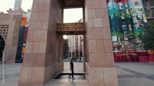 Wallpaper Mural Man walks by a mosaic mural on a building with water feature beneath ornate archway and cityscapes Torontodigital.ca