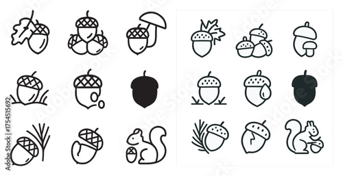 Nature and woodland icons set – line, outline, acorn and forest symbols