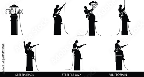Steeplejack worker silhouettes performing high rise maintenance and repair, industrial rope access vector illustration, 