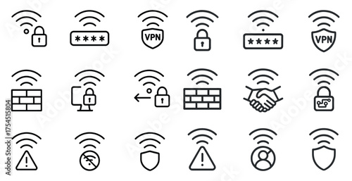 Network security outline icons set – firewall, vpn, protection symbols