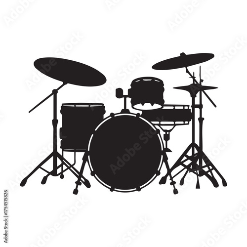 Black Silhouette of a Professional Drum Kit with Cymbals and Bass Drum isolated on White Background