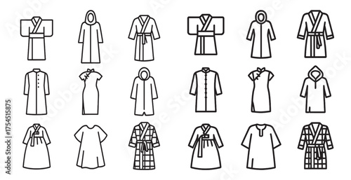 Traditional fashion outline icons set – line, cultural attire, clothing symbols