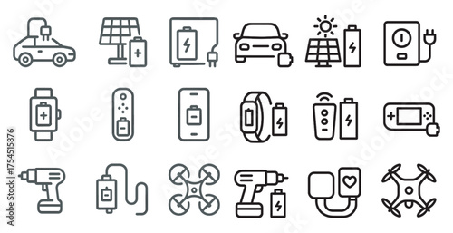 Energy and technology icons set – linear, outline, power and gadget symbols