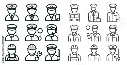 Transport and occupations line icons set – outline, linear, jobs and professions symbols