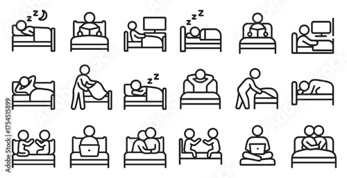 Sleep and rest icons set – outline, linear, bedtime and relaxation symbols