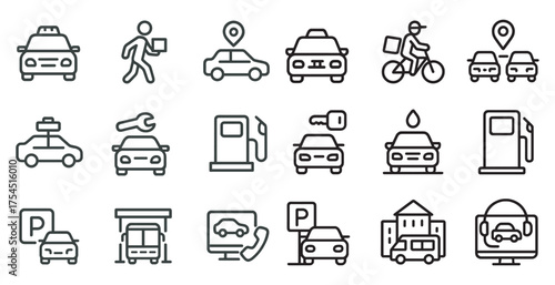 Transportation line icons set – outline, linear, vehicle and travel symbols