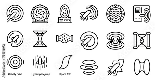 Space and technology outline icons set – linear, minimalist, digital innovation symbols