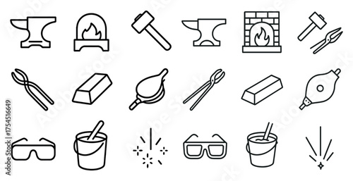 Blacksmith tools outline icons set – linear, forge, metalworking symbols