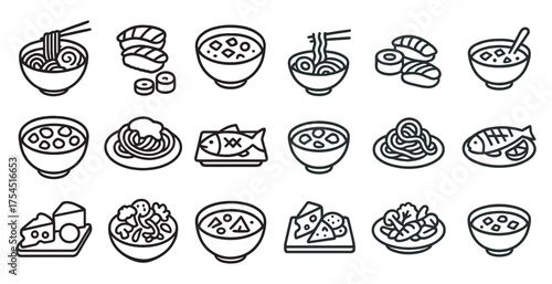 Japanese cuisine outline icons set – sushi, ramen, and food symbols