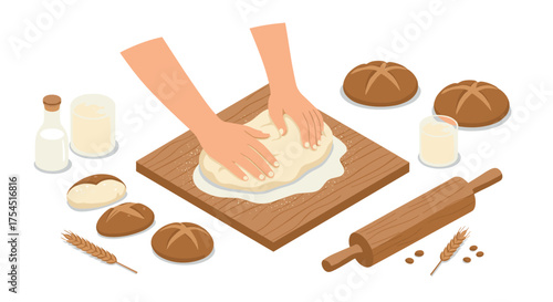 Isometric baking scene hands kneading dough with breads and ingredients on wooden board