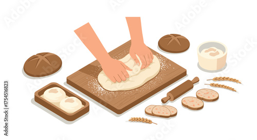 Baking bread in isometric style kneading dough with fresh ingredients
