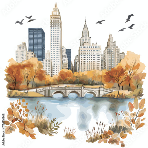 Central Park. Central Park hand drawn watercolor illustration